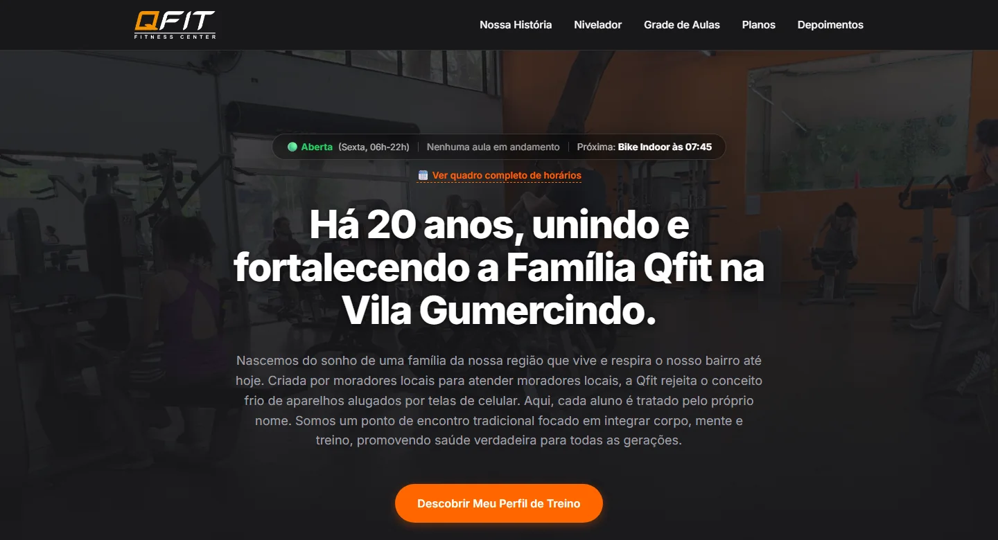 Página inicial da Qfit com apresentação da academia e chamada para o perfil de treino